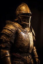 Knight In Armor With Sword On Dark Background. Ai Generated