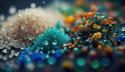 Wall Mural - micrograph of genuine, existing microplastic particles as a metaphor for water pollution and climate