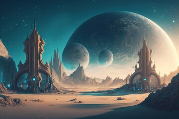 Wall Mural - Fantastical extraterrestrial planet with a wide variety of architecture Generative AI Generative AI