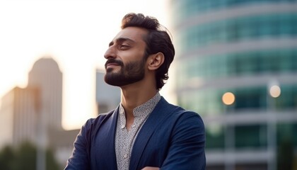 Happy wealthy rich successful business man standing in big city modern skyscrapers street on sunset thinking of successful future vision, dreaming of new investment opportunities. Generative AI