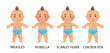 Infographics of childhood rash, measles, rubella, scarlet fever, varicella. Poster with a baby with chickenpox. Medical theme and infectious diseases of children. 
