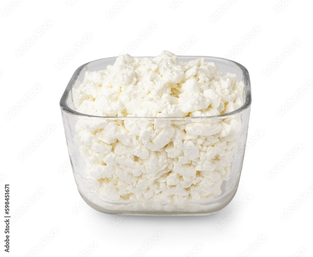 Bowl with tasty cottage cheese on white background