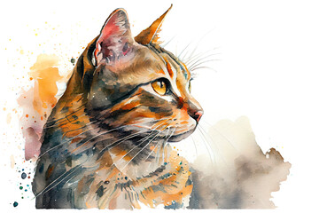 Wall Mural - Portrait of a domestic cat with yellow eyes. Watercolor realistic illustration on a white background. Pet animals images. Generative AI.