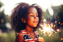 Happy Child With Sparkler Celebrating The 4th Of July, Independence Day, Memorial Day. Generative AI