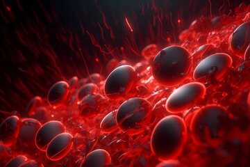 Red blood cells in microscopic shot. Macro of the flow inside body blood vessels that bring oxygen to the heart. scientific medical human health-care and microbiological concept. Generative AI