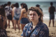 young woman or teenager on the beach in a bad mood, introvert or shy or body shaming. Generative AI