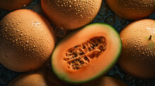 Fresh Ripe Cantaloupes With Water Drops Background. Fruits Backdrop. Generative AI