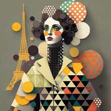 French Woman Made From Squares, Circles, Alphabets, Poka Dots, Lines, Flowers, And Baroque Patterns, Eiffel Tower In The Background. Generative Ai