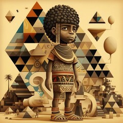 Wall Mural - Egyptian kid made from squares, circles, alphabets, poka dots, lines, flowers, and hieroglyphic patterns, Pyramids of Giza in the background, generative ai