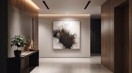 Poster - Minimalist hallway with a statement art piece and minimal lighting, generative ai