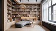 © Creative Station - Minimalist home library with built-in shelves and a reading nook, generative ai