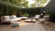 Minimalist outdoor deck with simple furniture and modern lighting, generative ai