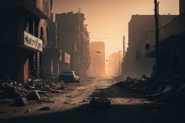Wall Mural - A burned city street with no life apocalyptic scene, selective focus. AI generated, human enhanced