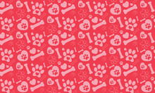 Seamless Pattern With Dog Paw Print, Bone And Hearts Symbols On Red Background