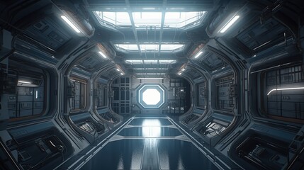 Wall Mural - desolate space station corridor, digital art illustration, generative ai