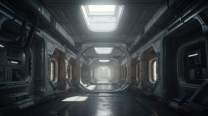 Wall Mural - desolate space station corridor, digital art illustration, generative ai