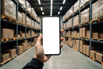 Close-up, hand holding smartphone with empty screen mockup in warehouse full of boxes . Generative ai
