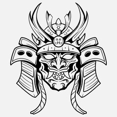 Wall Mural - Oni Monster Mask Japanase helmet army samurai  in frame engraving ornament illustration black and white tattoo and tshirt apparel