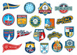 © Vector Tradition - Sail badge patches, yachting sport or regatta vintage retro embroidery, yacht club vector labels. Marine nautical sailor team patches for regatta cruise, ship anchor, compass and royal crown emblems