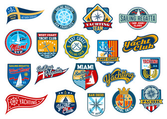 sail badge patches, yachting sport or regatta vintage retro embroidery, yacht club vector labels. ma
