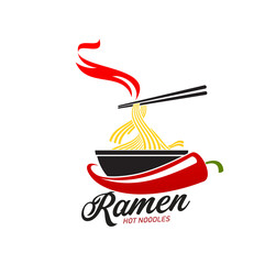 Wall Mural - Ramen hot noodles icon. Asian ramen, Japanese fast food meal or oriental cuisine restaurant menu vector symbol. Chinese or Korean cafe sign or icon with hot noodles, chopsticks and chili pepper