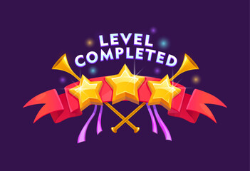 Game level complete badge or icon with golden stars, red banner and trumpets. Isolated ui or gui popup screen asset, button, element for mobile app or game menu interface