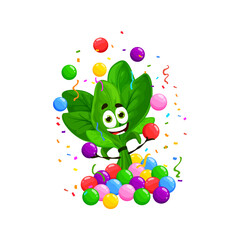 Wall Mural - Cartoon funny spinach vegetable character on birthday, anniversary holiday. Birthday greeting cheerful spinach character, anniversary holiday celebration cute vegetable vector personage in ball pit