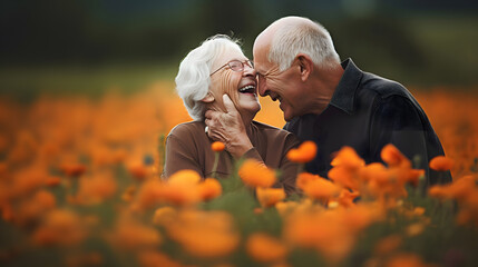 Happy Elderly, old couple in a field of flowers, cheerful, positive, heartwarming, charming, generative ai