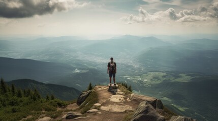 Wall Mural - person enjoying a scenic view from a mountain summit, generative ai