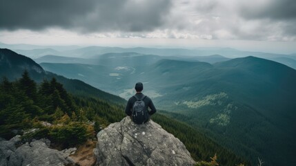 Wall Mural - person enjoying a scenic view from a mountain summit, generative ai
