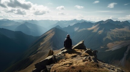 Wall Mural - person enjoying a scenic view from a mountain summit, generative ai