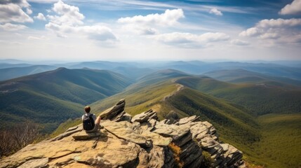 Wall Mural - person enjoying a scenic view from a mountain summit, generative ai