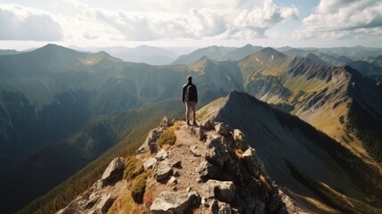 Wall Mural - person enjoying a scenic view from a mountain summit, generative ai