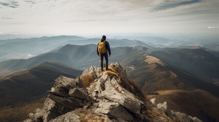 Wall Mural - person enjoying a scenic view from a mountain summit, generative ai