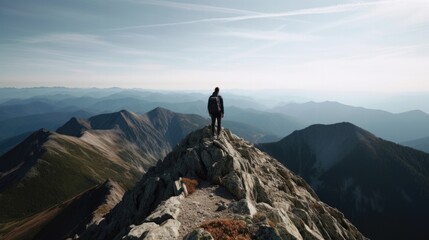Wall Mural - person enjoying a scenic view from a mountain summit, generative ai