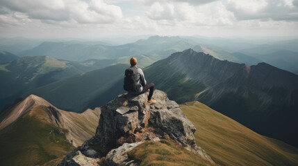 Wall Mural - person enjoying a scenic view from a mountain summit, generative ai