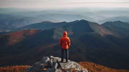 Wall Mural - person enjoying a scenic view from a mountain summit, generative ai