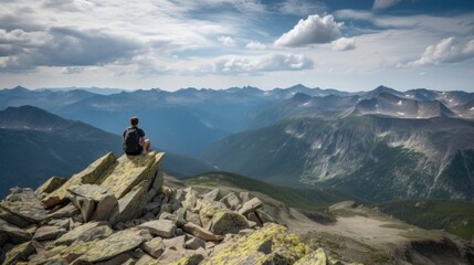 Wall Mural - person enjoying a scenic view from a mountain summit, generative ai