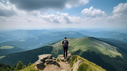 Wall Mural - person enjoying a scenic view from a mountain summit, generative ai