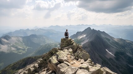 Wall Mural - person enjoying a scenic view from a mountain summit, generative ai