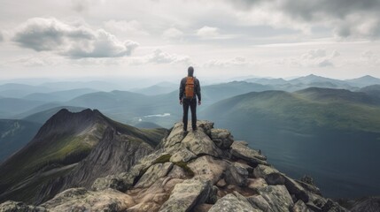 Wall Mural - person enjoying a scenic view from a mountain summit, generative ai
