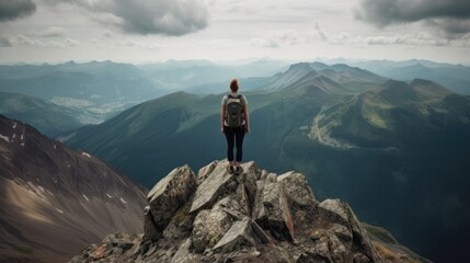 Wall Mural - person enjoying a scenic view from a mountain summit, generative ai