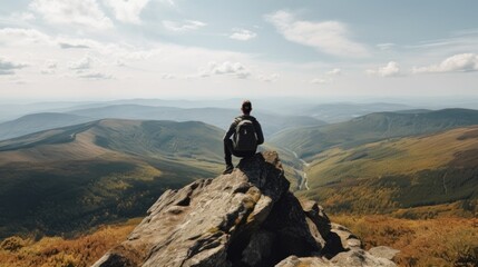 Wall Mural - person enjoying a scenic view from a mountain summit, generative ai