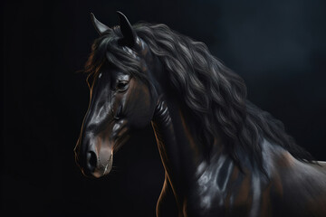 Wall Mural - Gorgeous black horse with beautiful flowing mane photorealistic portrait. generative art