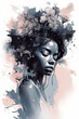 © Cheport - Gorgeous black woman portrait and abstract floral pattern. Isolated on white. Charcoal drawings with colorful accents. Generative art