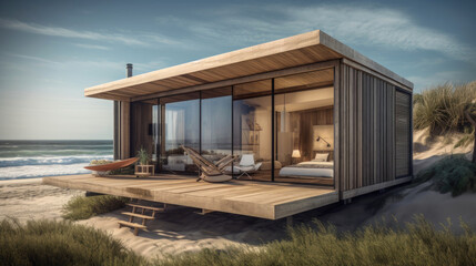 Cozy modern beach cabin with a wooden facade. Generative AI