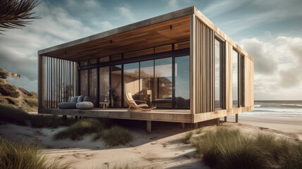 Wall Mural - Cozy modern beach cabin with a wooden facade. Generative AI