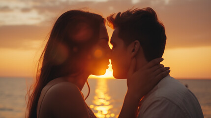 Wall Mural - Young couple kissing on the beach at sunset, close-up. Generative AI