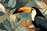 Fototapeta  - Impresión botánica abstracta dibujada a mano. Collage creativo contemporáneo con pájaro tucán. Plantilla de moda para el diseño.