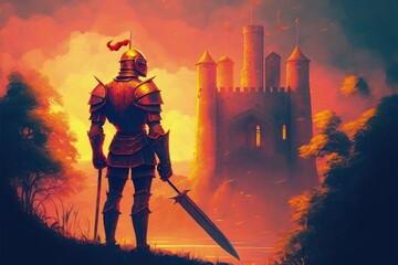 red armored knight standing before a fantastical castle amid an orange-clouded sky. Fantasy concept , Illustration painting. Generative AI